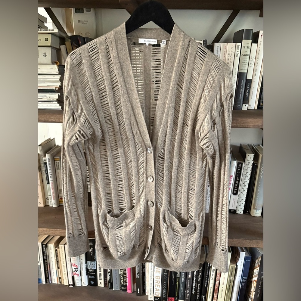EUC 360 Cashmere V Neck Open Knit Ladder Cadigan in Fog Grey Taupe S